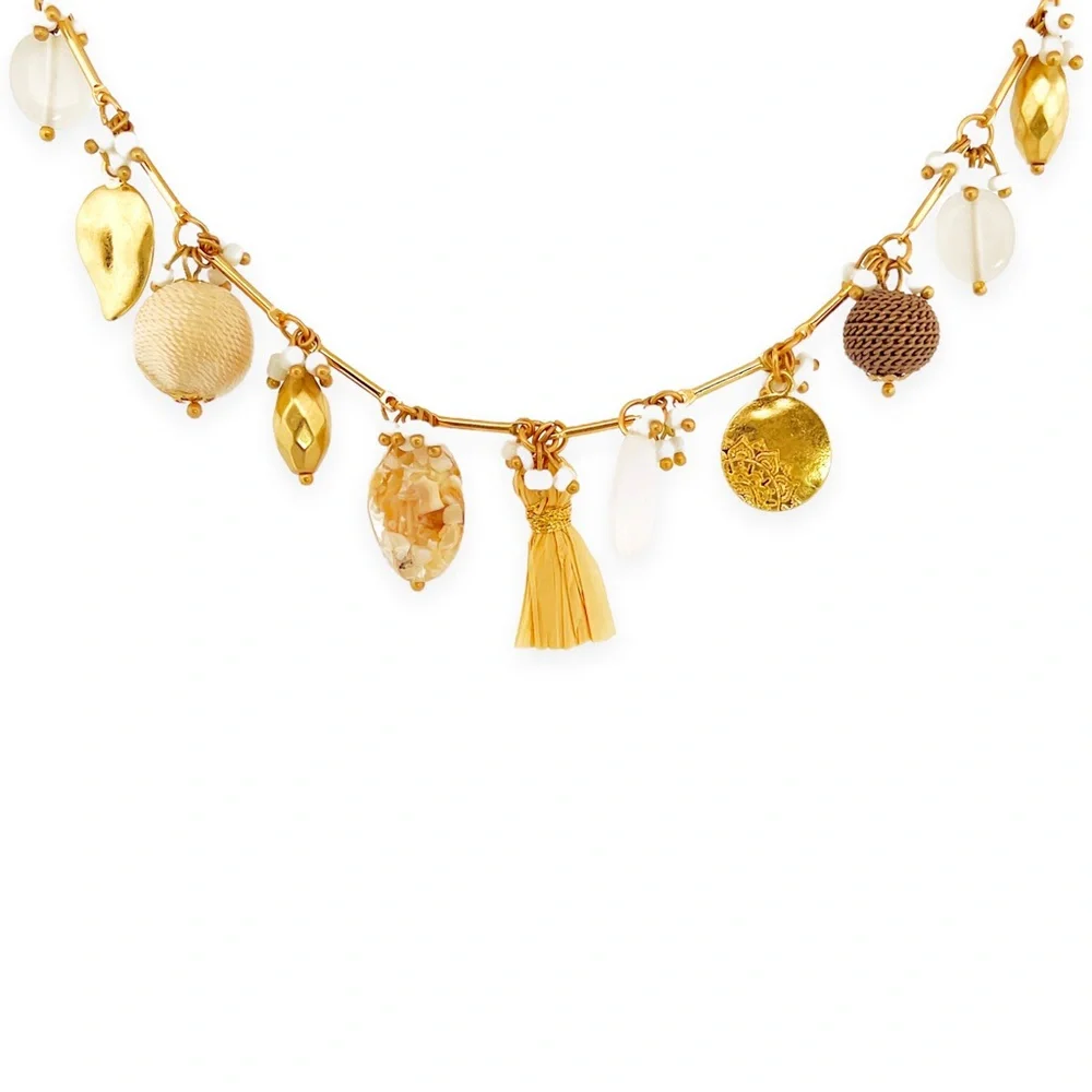 White and Gold Statement Necklace with Beads and Charms